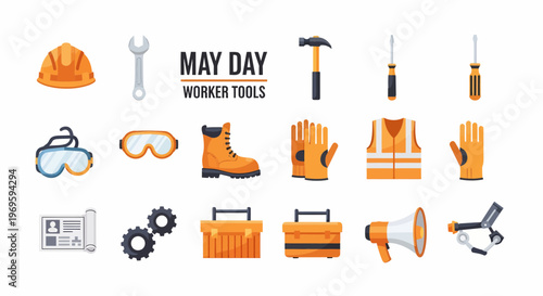 Collection of worker tools equipment.