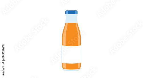 Tall bottle of fresh orange juice with a white label and blue cap, isolated on white, representing healthy breakfast drinks and nutrition.