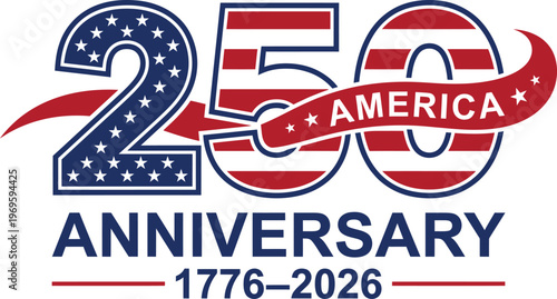 American 250th anniversary logo with stars and stripes on white background