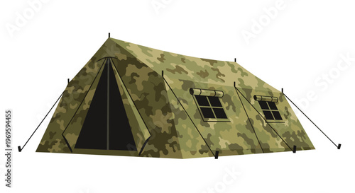 Military camouflage tent with a gabled roof and small windows, designed for army camping, survival training, and outdoor tactical use.