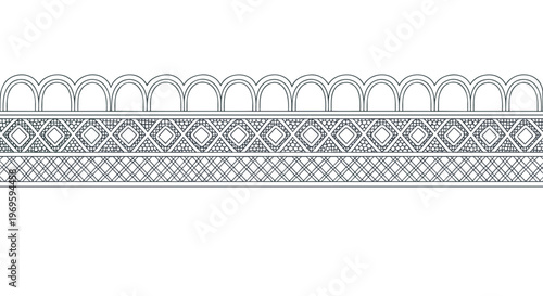 Horizontal border pattern with intricate geometric shapes, arched details, and diamond motifs in a classic black and white line art style.