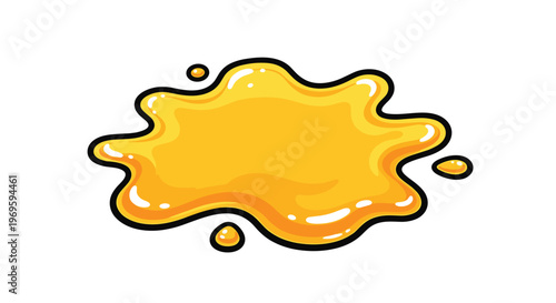 Bright yellow honey or syrup puddle with a glossy finish and droplets, isolated on white, representing sweet ingredients and condiments.