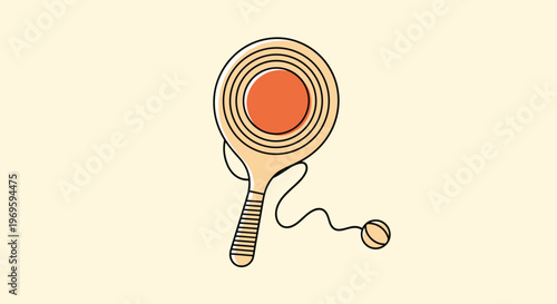 Traditional paddle ball toy with a wooden racket and a red ball attached by a string, simple recreational game illustration for children.