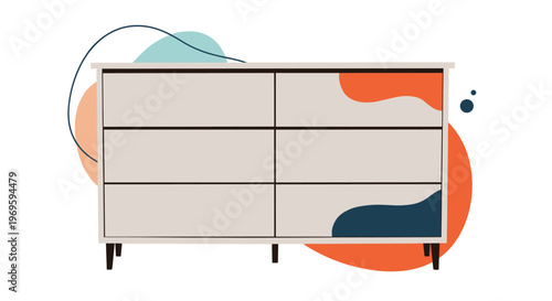Modern mid-century six-drawer dresser with artistic abstract shapes on the front, stylish home furniture piece for interior design concepts.
