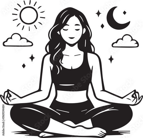 A woman meditates in lotus position under the sun and moon