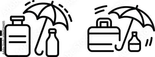 Black line art icons of umbrella protected bottle and suitcase