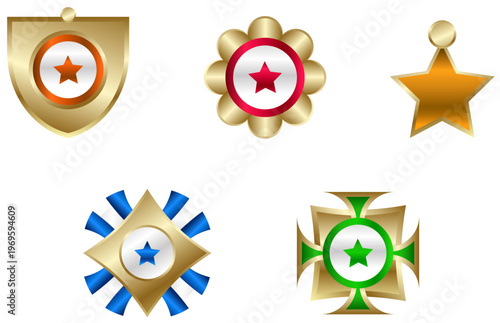 星マーク入りゴールド勲章メダルのアイコンセット、受賞・評価・ランキング表現に使える高級アワードデザイン素材