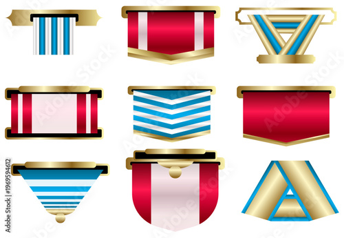 金色フレーム付きリボンメダルのバリエーションセット、表彰・ランキング・実績アイコンに使える高級ゴールドデザイン素材コレクション