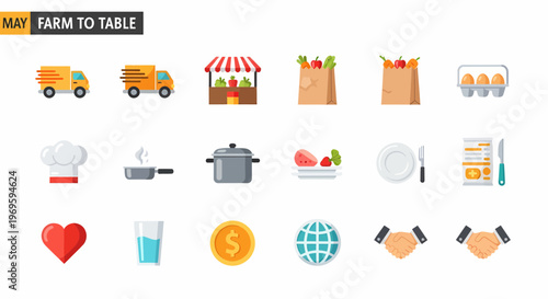 Food and drink icons on table.