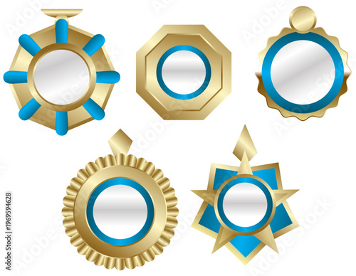 中央にテキストやロゴを配置できる装飾メダルフレームセット、ゴールドバッジとアワードデザインのテンプレート素材