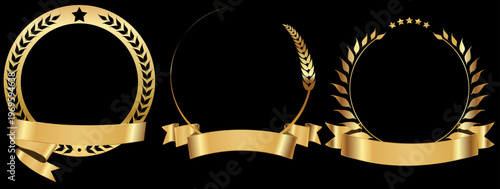 金色の月桂樹リースとリボンバナーのアワードフレームセット、表彰・ランキング・ブランドロゴ装飾に使える高級デザイン素材