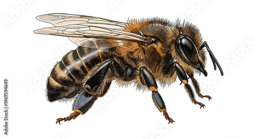 Detailed profile illustration of a honeybee, showing its delicate wings and fuzzy body, essential insect for pollination and nature themes.