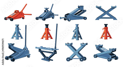Set of different car jacks and support stands in various styles, including floor jacks and scissor jacks for automotive repair tasks.