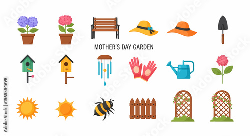Garden icons and gardening tools.