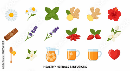 Icon set of wHerbal tea ingredients and infusions.