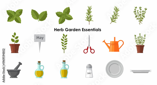 Herbs and gardening tools icons.