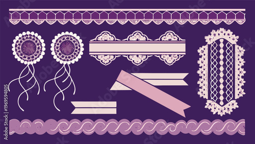 Graphic design elements for decoration in various shapes and patterns on a purple background