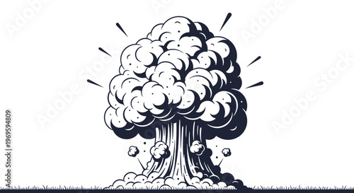 Dramatic black and white illustration of a large explosion with a mushroom cloud and smoke plumes, depicting a powerful blast on grass.