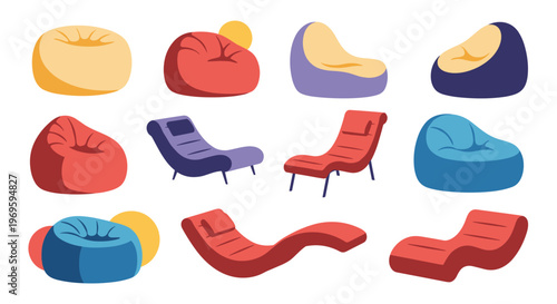 Comprehensive collection of bean bag chairs and lounge recliners in various colors and designs, modern furniture for home relaxation.