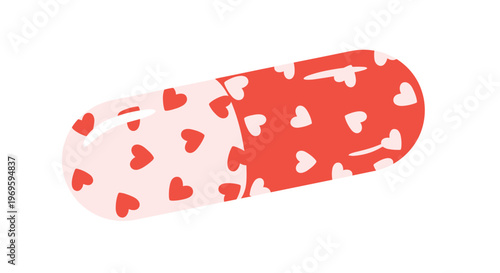 Red and pink medical capsule pill covered in small heart patterns, symbolizing medicine for heart health, love, or emotional care.