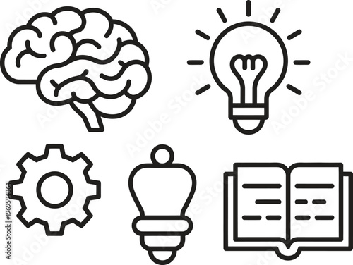 Collection of black line icons on including brain, lightbulb, gear, chess piece, and book