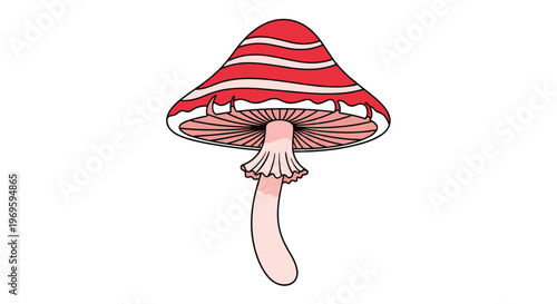 Vibrant mushroom with a red and white striped cap and a pale stem, whimsical fungi illustration perfect for fantasy and nature themes.