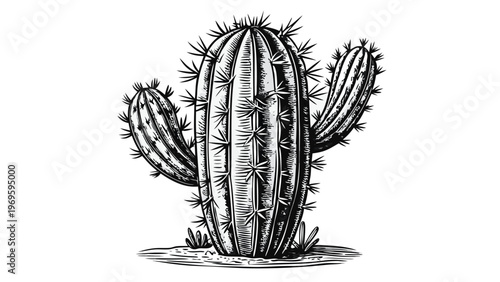 Cactus stands tall under bright sun in desert landscape during midday with clear blue sky in background