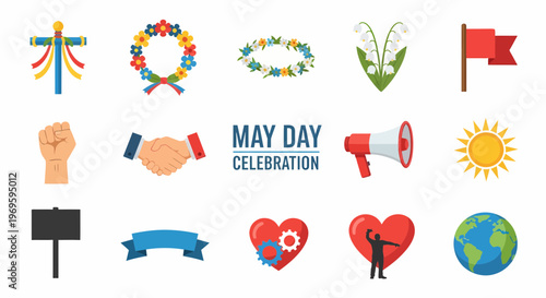 May Day Celebration Symbols Icons.