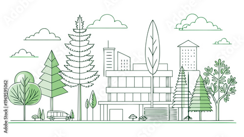 City park scene with building, trees, and clouds in a simple line art design during daylight