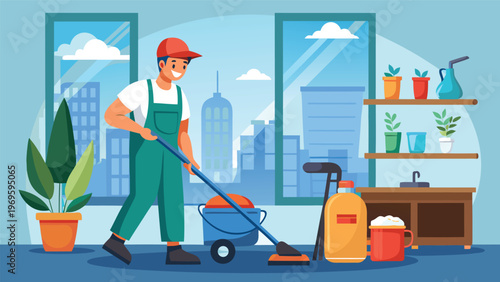 Worker cleans the indoor space while using a vacuum in a city office during daylight hours