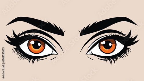Close-up view of eyes with orange irises and dark eyelashes showing expressive features on a light background