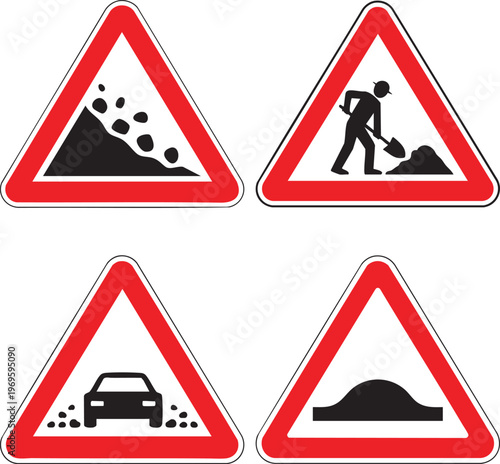 Traffic Warning Signs Set Falling Rocks Road Work Loose Gravel And Speed Bump Symbols For Driving Safety Awareness