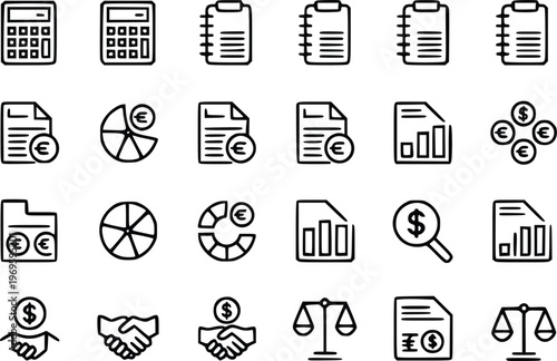 A collection of finance and accounting icons includes calculators, charts, currency symbols, and legal scales.