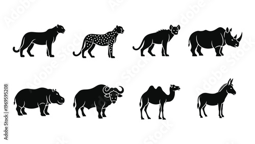 A collection of diverse african wildlife animals shown in stark black forms creating a dramatic silhouette high quality professional detailed modern