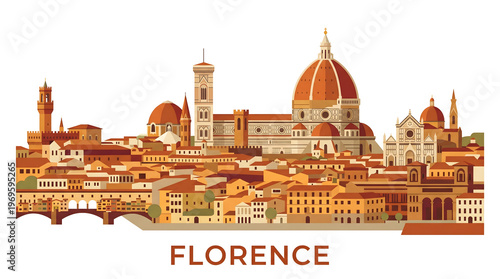 Florence city skyline illustration with iconic landmarks in flat design style, vector artwork