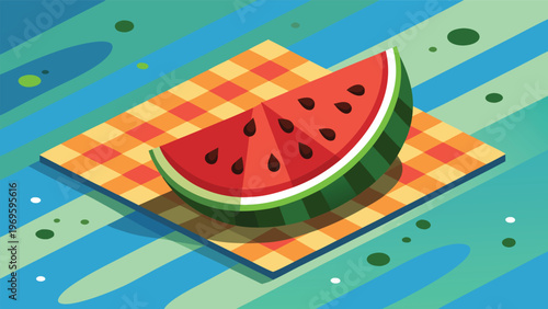 Bright slice of watermelon sits on checkered blanket on colorful surface during summer picnic