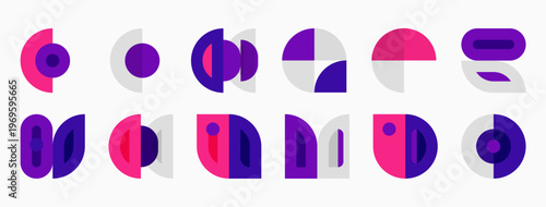 Purple, white geometric shapes arranged horizontally. Circles, half circles, arcs form abstract patterns. Minimalist design, flat illustration.