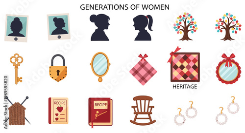 Vintage Heritage Family Tree Icons Set.