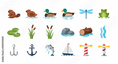 Water icons and nautical symbols.