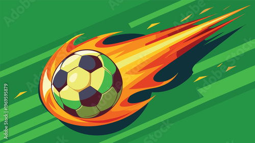Soccer ball in motion during a game with a trail of fire and a green background