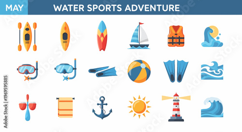 Water Sports Adventure Icons Set.