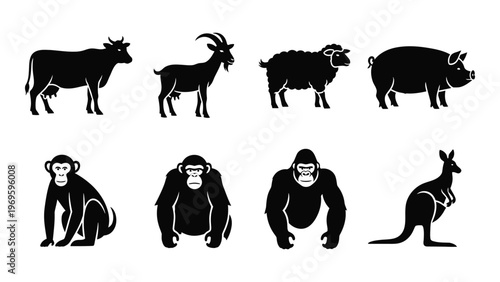 A collection of farm and wild animal silhouettes including a cow pig monkey and kangaroo silhouette high quality professional detailed modern