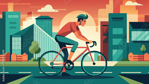 Cyclist rides on road in urban area during sunset with tall buildings and trees around