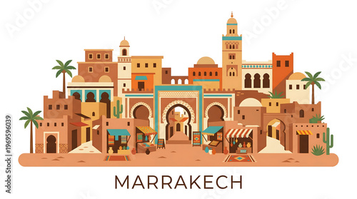 Marrakech Cityscape Flat Design Illustration. Traditional Moroccan Architecture, Souk, Minaret, and Palm Trees.