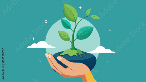 Hands hold a small plant with green leaves growing from dark soil under a blue sky with clouds and stars in the background