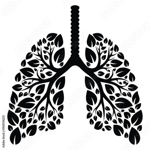 A black silhouette of human lungs formed by tree branches and leaves.