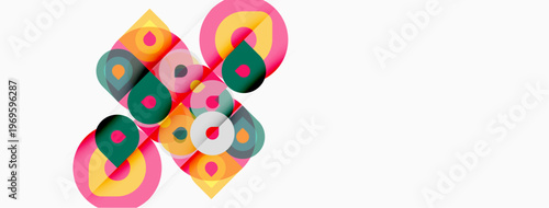 Abstract geometric shapes overlap, creating colorful patterns. Circles, squares, vibrant hues dominate composition. Minimalist design.