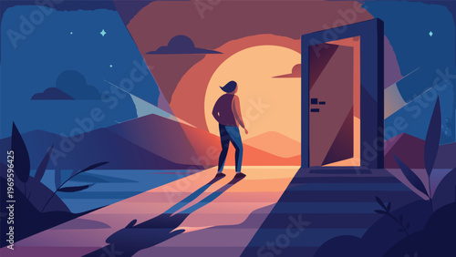 Walking towards a door at sunset near a lake with mountains in the background