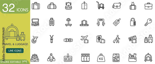 Travel luggage line icon suitcase baggage airport tourism transport set with outline symbol for suitcase backpack ticket key cart conveyor luggage tag baggage claim editable stroke vector
