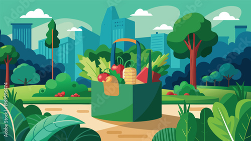 Market basket filled with fresh produce in a city park with green trees and buildings in the background during daytime